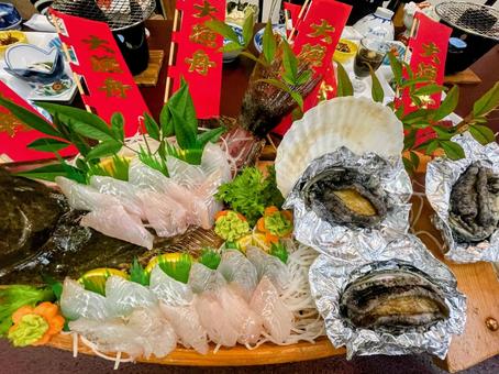 舟盛り 刺身,刺身盛り合わせ,鮑の写真素材