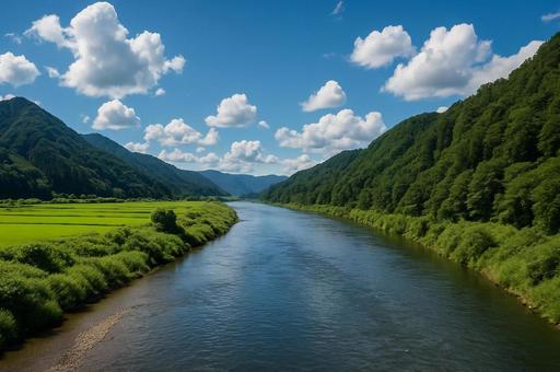 夏空と最上川の清流風景・山形・緑の山々の写真