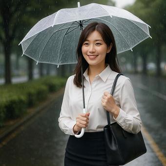 雨の中を通勤する女性 雨の中を通勤する女性の写真