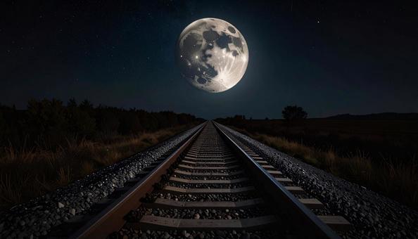 廃線と満月の写真