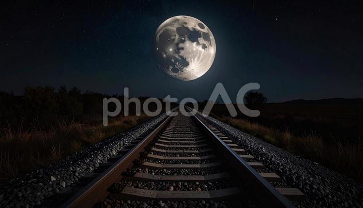廃線と満月 廃線,線路,鉄道の写真素材