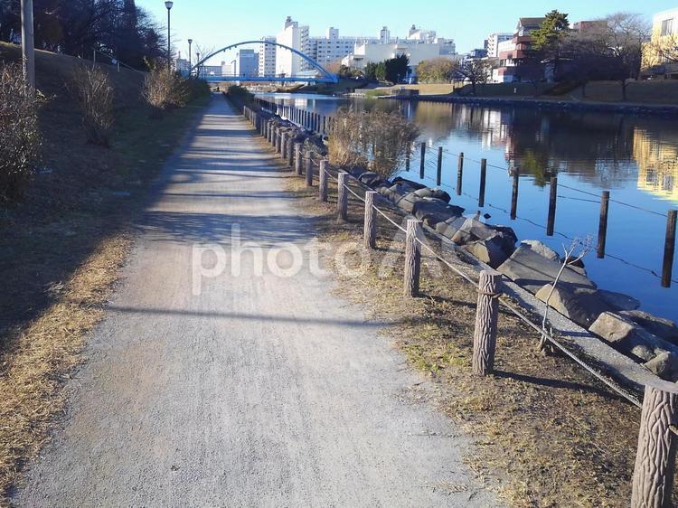 砂利道を散歩する 旧中川,散歩,ウォーキングの写真素材