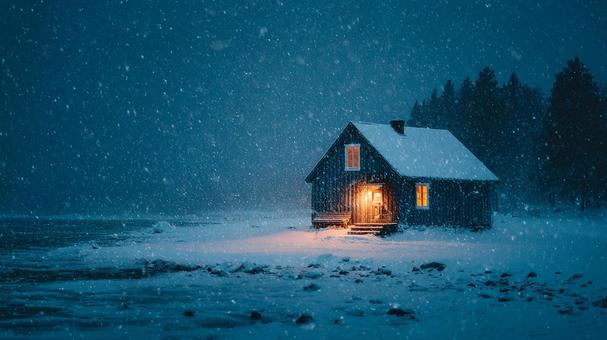 雪降る夜の湖畔の小さな小屋 雪降る夜の湖畔の小さな小屋の写真