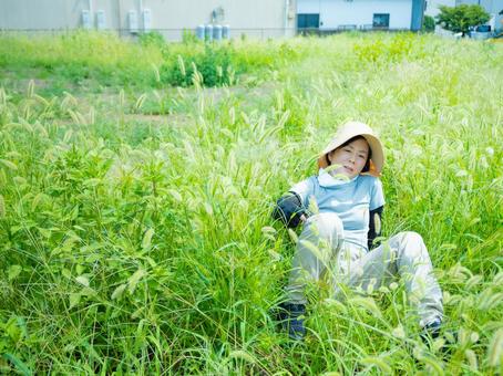 35:草むしりをする女性 35:草むしりをする女性 屋外作業,草刈り,雑草の写真素材
