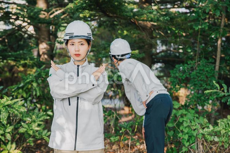 森の中に入るな　危険　NG 作業着男女 熊,クマ,作業着の写真素材