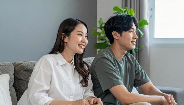 リビングでくつろぐ若いカップルの横顔 リビングでくつろぐ若いカップルの横顔の写真