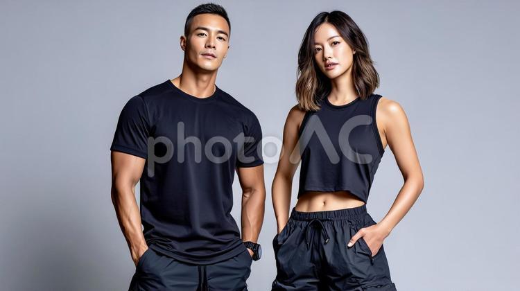 黒のトレーニングウェアを着た男女 スポーツウェア,トレーニングウェア,ジムウェアの写真素材