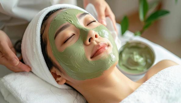 顔にハーブピーリング施術を受ける女性 顔にハーブピーリング施術を受ける女性の写真