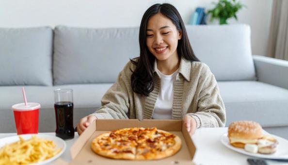 チートデイ ジャンクフードを前に笑う女性 チートデイ ジャンクフードを前に笑う女性の写真