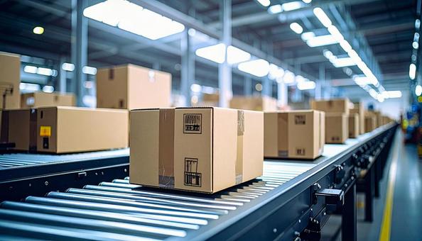 工場で段ボールが運ばれるベルトコンベアーの写真