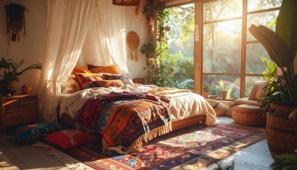 柔らかな光が差し込むボヘミアンな寝室 柔らかな光が差し込むボヘミアンな寝室の写真
