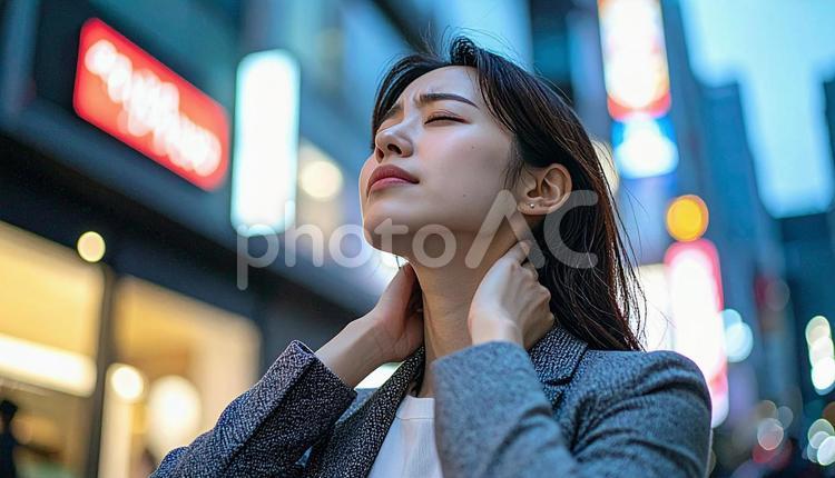 寝違えて首痛に苦しむ女性 寝違え,痛み,首痛の写真素材