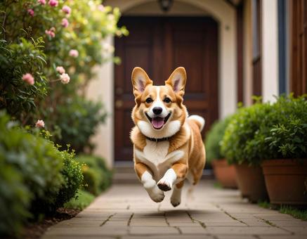 庭を走るコーギーの写真