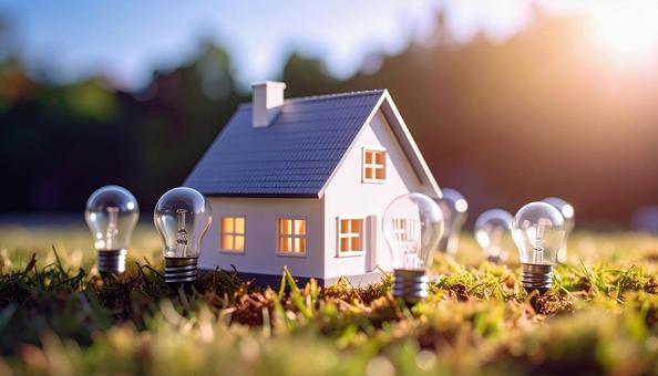 省エネのイメージ 電球とミニチュアの家 省エネのイメージ 電球とミニチュアの家の写真