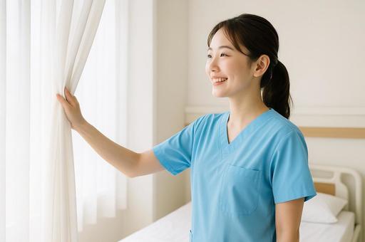 病室のカーテンを開ける看護師の写真