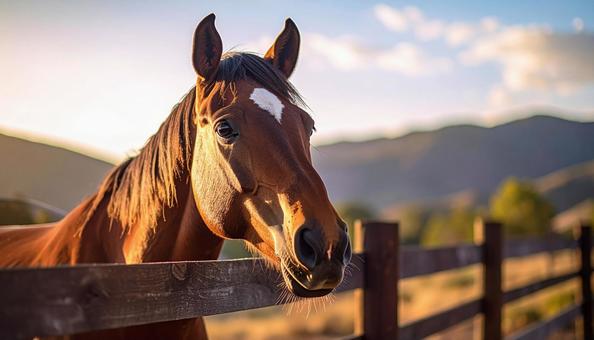 牧場の柵から顔をのぞかせる馬 牧場の柵から顔をのぞかせる馬の写真