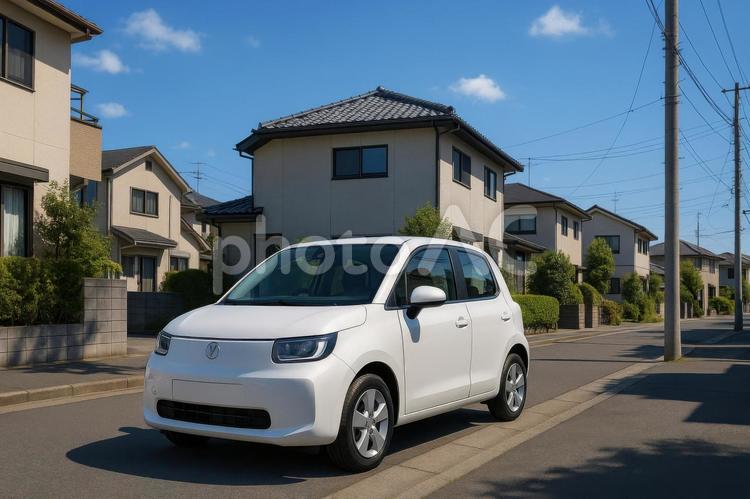 青空の下のEV車 電気自動車,ev,白い車の写真素材