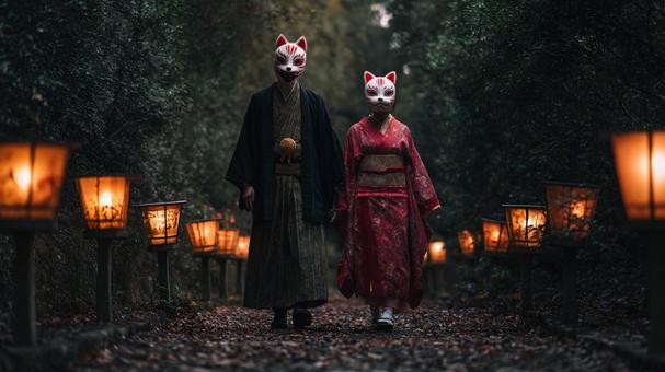 狐面をつけた和装の二人 狐面をつけた和装の二人の写真
