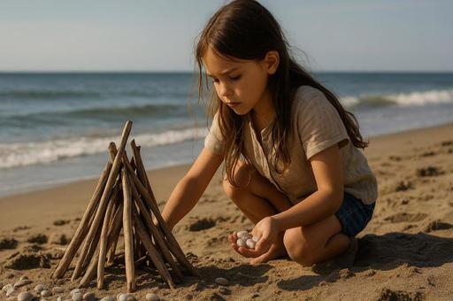 海辺で遊ぶ少女と石の造形 海辺で遊ぶ少女と石の造形の写真
