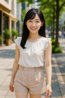 街中を歩く優しい笑顔の女性の写真