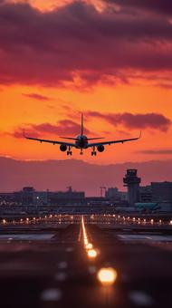 劇的な夕焼け空へ向かって離陸する航空機 劇的な夕焼け空へ向かって離陸する航空機の写真