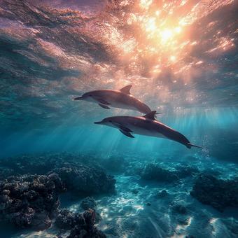 神秘的な光に包まれたハワイのイルカ 神秘的な光に包まれたハワイのイルカの写真