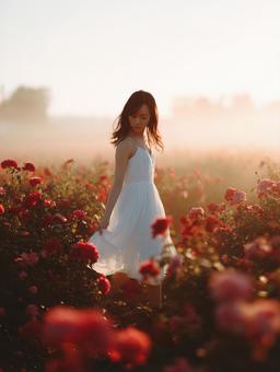 夕焼けに染まるバラ畑を歩く白ドレスの女性 夕焼けに染まるバラ畑を歩く白ドレスの女性の写真