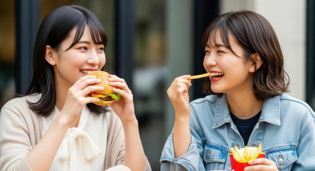 笑顔の女性二人がバーガーとポテトを食べるの写真