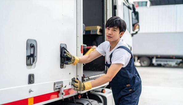 トラックから降りる作業着の男性 トラックから降りる作業着の男性の写真