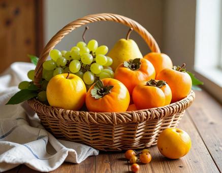 バスケットに盛られた秋の果物の写真