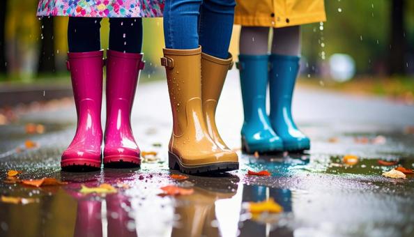 雨の日 カラフルな長靴をはいた足元 雨の日 カラフルな長靴をはいた足元の写真