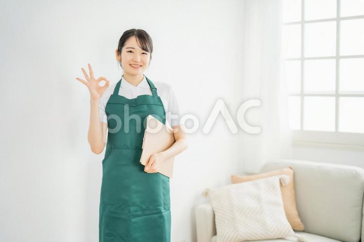 部屋にいるエプロンをつけた女性 家政婦,主婦,ホームヘルパーの写真素材