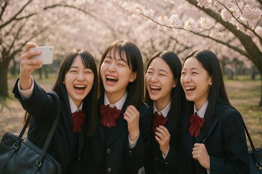 桜並木で笑顔の女子高生 桜並木で笑顔の女子高生の写真
