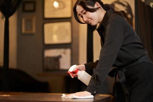 Female clerk disinfecting alcohol at a restaurant, female, clerk, staff, JPG