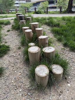 公園に設置された木製のステップ遊具 木製,ステップ,遊具の写真素材