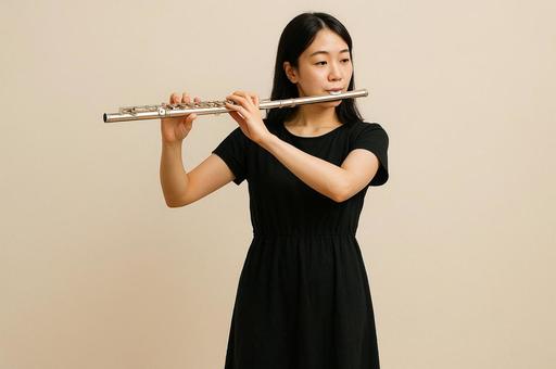 フルートを演奏する女性フルート奏者の写真
