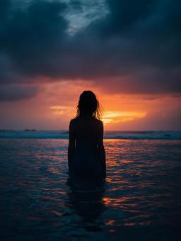美しい夕焼け空を背景にした水の上の女性 美しい夕焼け空を背景にした水の上の女性の写真
