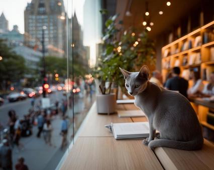 ブックカフェから街を見下ろす猫03の写真