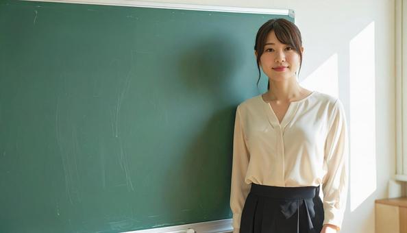 黒板前に立つ女性教師の写真