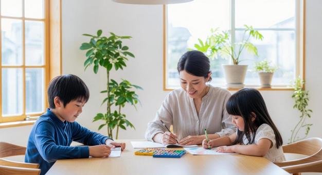 親子でお絵描き・勉強シーン 親子でお絵描き・勉強シーンの写真