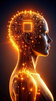 オレンジに光る人間型半導体チップの写真