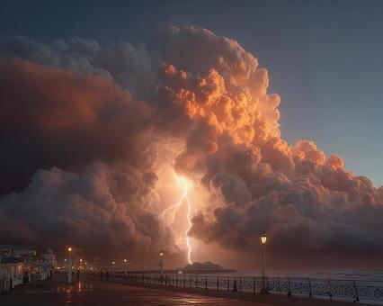 稲妻が照らす劇的な夕焼けの雷雨 稲妻が照らす劇的な夕焼けの雷雨の写真
