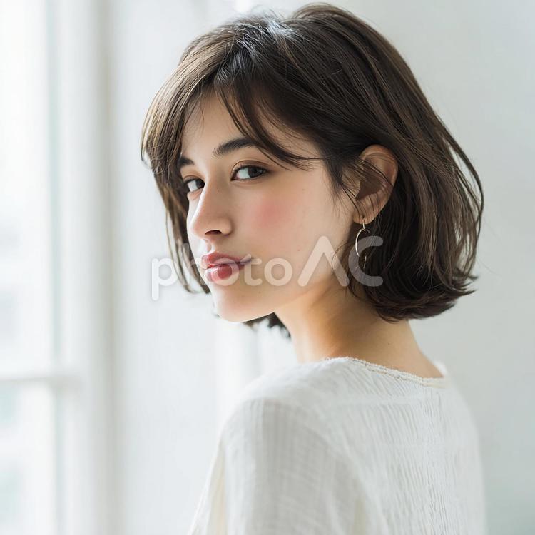 振り返る美しい女性 女性,アジア人,ショートヘアの写真素材