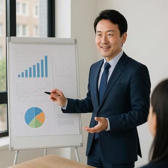 プレゼンを行う日本人ビジネスマン プレゼンを行う日本人ビジネスマンの写真