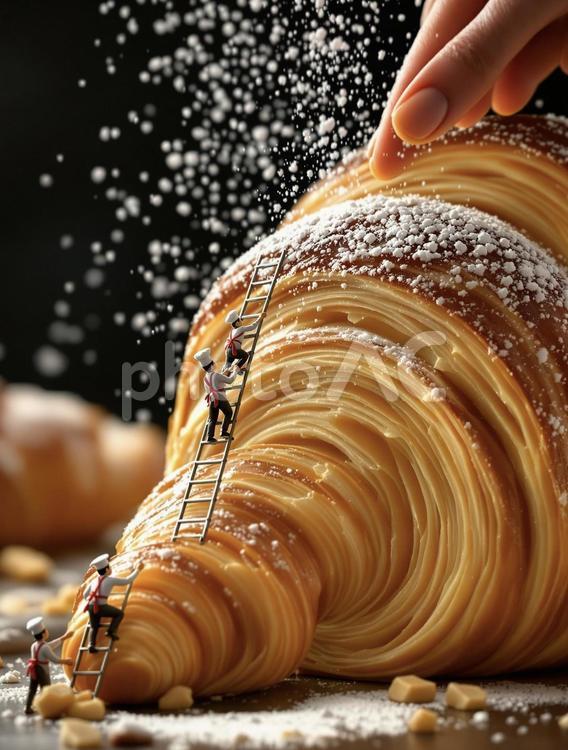 小さな職人と巨大パンの世界 パン,クロワッサン,食パンの写真素材
