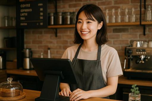 カフェでレジ担当の女性 カフェでレジ担当の女性の写真
