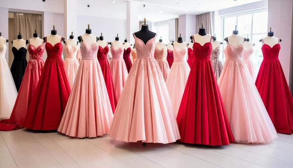 レンタルドレス屋にかかるたくさんのドレス レンタルドレス屋にかかるたくさんのドレスの写真