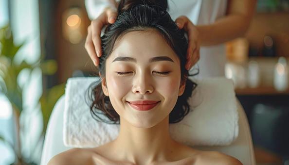 美容室でヘッドスパを受ける女性 美容室でヘッドスパを受ける女性の写真