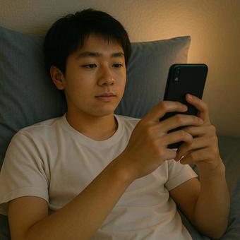 スマホを見る高校生の夜 スマホを見る高校生の夜の写真