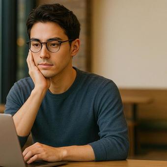 パソコンを見つめる男性 パソコンを見つめる男性の写真